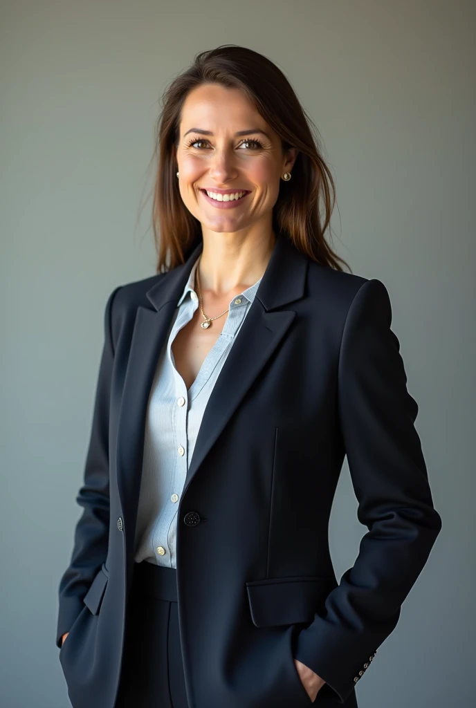 woman with royal blue polo shirt and black jacket