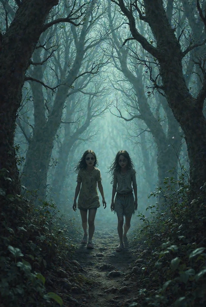 In a dark, eerie forest, Hansel and Gretel, pale and emaciated, wander through the shadowy trees. Their expressions are filled with despair and fear. The trees seem to close in around them, and their breath is visible in the cold air, adding to the sense of isolation and dread