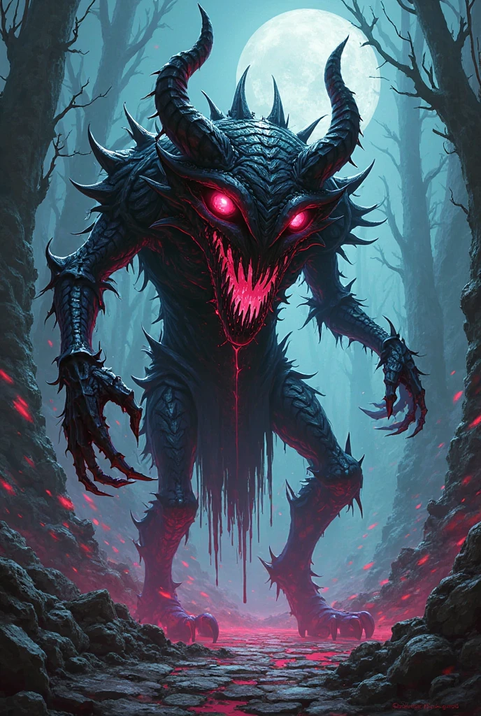 like fnaf animatronics, male, black and huge dragon wings, wings spread, red neon hand and foot claws, round red neon eyes, he has no eyes so he only has red neon in his eyes, taller than a tree, bent over, red neon dragon horns, gray cowboy hat, cowboy a neon red cowboy star on the front of his hat, neon red horns and thorns, slightly destroyed animatronic chest, no mouth, no ears, no nose, spike barcelet, red neon spikes, red neon bandages, night, foggy, in the woods, shadow details, background details, 8K Image Quality