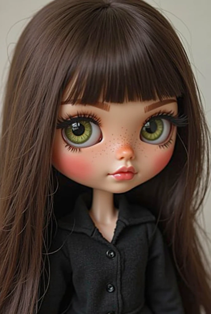 You can create a white blythe doll, black hair, micro bang and green eyes?