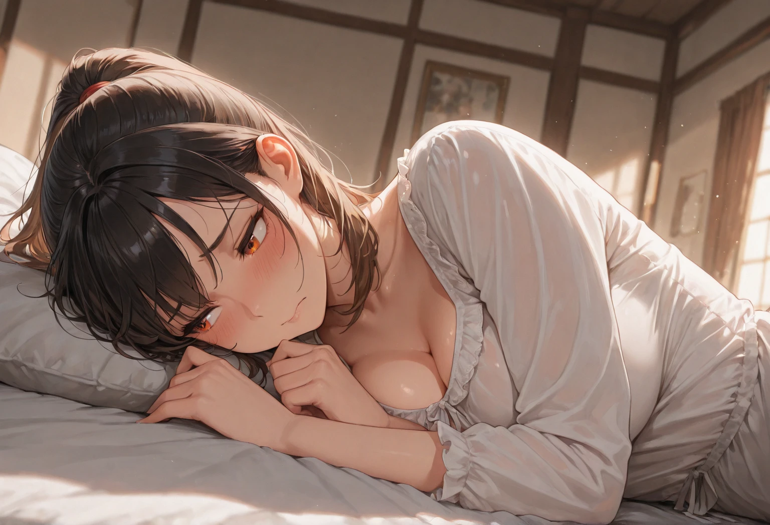 Top Quality, Masterpiece, Ultra High Definition, (Photorealistic: 1.4), Raw Photo, 1 Girl, Dark Hair, Glossy Skin, Dramatic Lighting, Full Body, Colossal, 1girl, full body, black short hair, glowing eyes, the yukata was slightly open, Sleep on your back with your arms raised, view from above, mattress