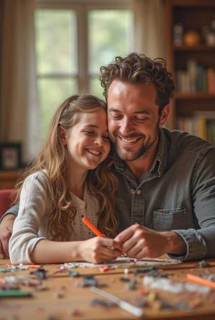 A father and child laughing together while playing a board game