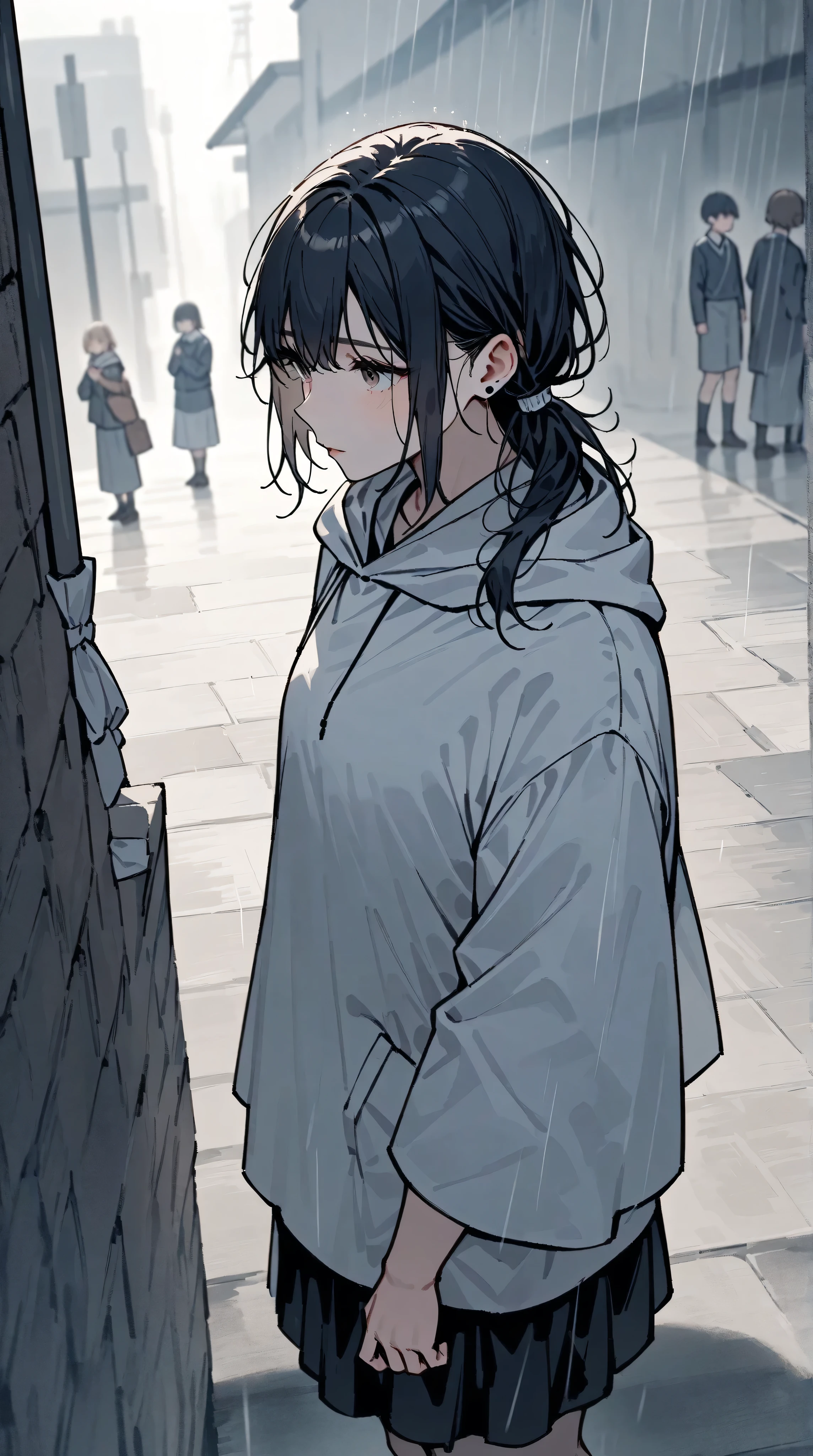 It was raining softly. Everyone ran for cover—but not her.
She stood under the overhang behind the school, one earbud in, watching the rain fall over the concrete. Her soaked hair clung to her shoulders. She didn’t mind. This was the only time the world was quiet enough to think.