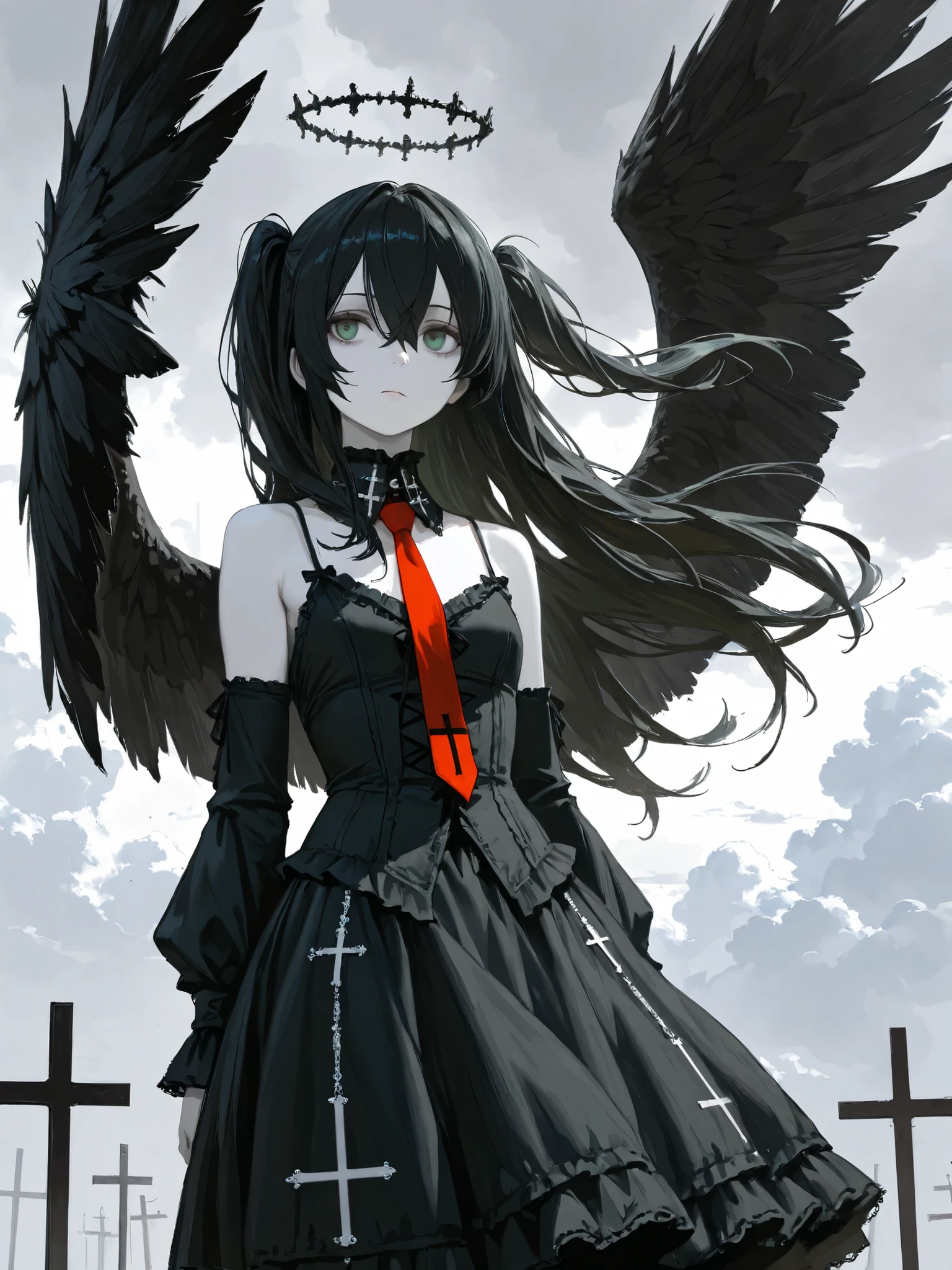 1girl ,camisole ,green eyes ,bangs between eyes ,black hair ,cloud ,cloudy sky ,simple background ,cross ,long hair ,two side up ,necktie ,painterly ,pale skin ,red necktie ,skirt ,standing ,solo ,gothic ta ,black dress ,wings ,wind ,masterpiece, best quality, ultra detailed ,