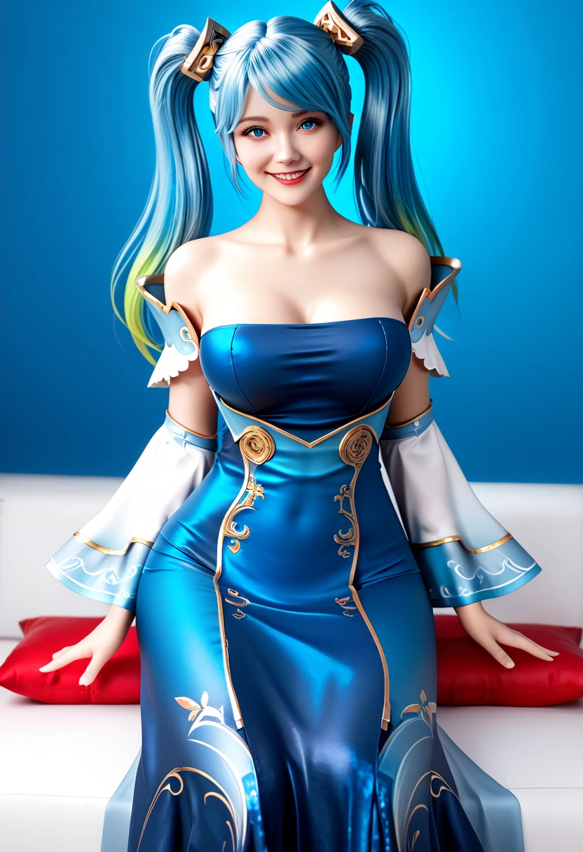 best quality,masterpiece,realistic,HDR,UHD,8K,best quality,masterpiece,Highly detailed,ultra-fine painting,physically-based rendering,extreme detail description,Professional,1girl, solo, long blue aqua hair, breasts, jewelry, dress, looking at viewer, large breasts, blue aqua hair, star earrings, thighhighs, pink dress, necklace, cleavage, parted lips, curtains, red lips, sitting, blue eyes, plunging neckline, indoors, pvc, (figma),