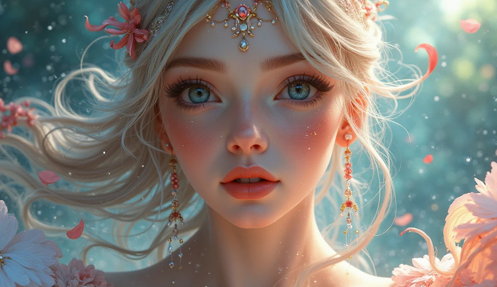 Real fairy magical like in a 1980s dark fantasy movie 3d ultra 8k stella from *Winx Club* is a character with bright, fiery yellow hair that flows in loose waves. She has green eyes and a fair complexion. Her outfit typically includes a yellow and white fairy dress with sparkling accents and butterfly or star motifs. She often wears matching accessories like a headband and shoes. stella’s overall look is vibrant and magical, with a little gold crown in her head reflecting her powers as the Fairy of the sunlight Flame Surrealist art , like a dream, Mystery, Symbolic, complicated, detailded, (Gothic，Very beauthful:1.4), (work of art, best qualityer:1.4) , Style Nicolas Samori, Mermaid Goddess Costume, (rock n roll atmosphere under the sea), (hair blue), beautiful