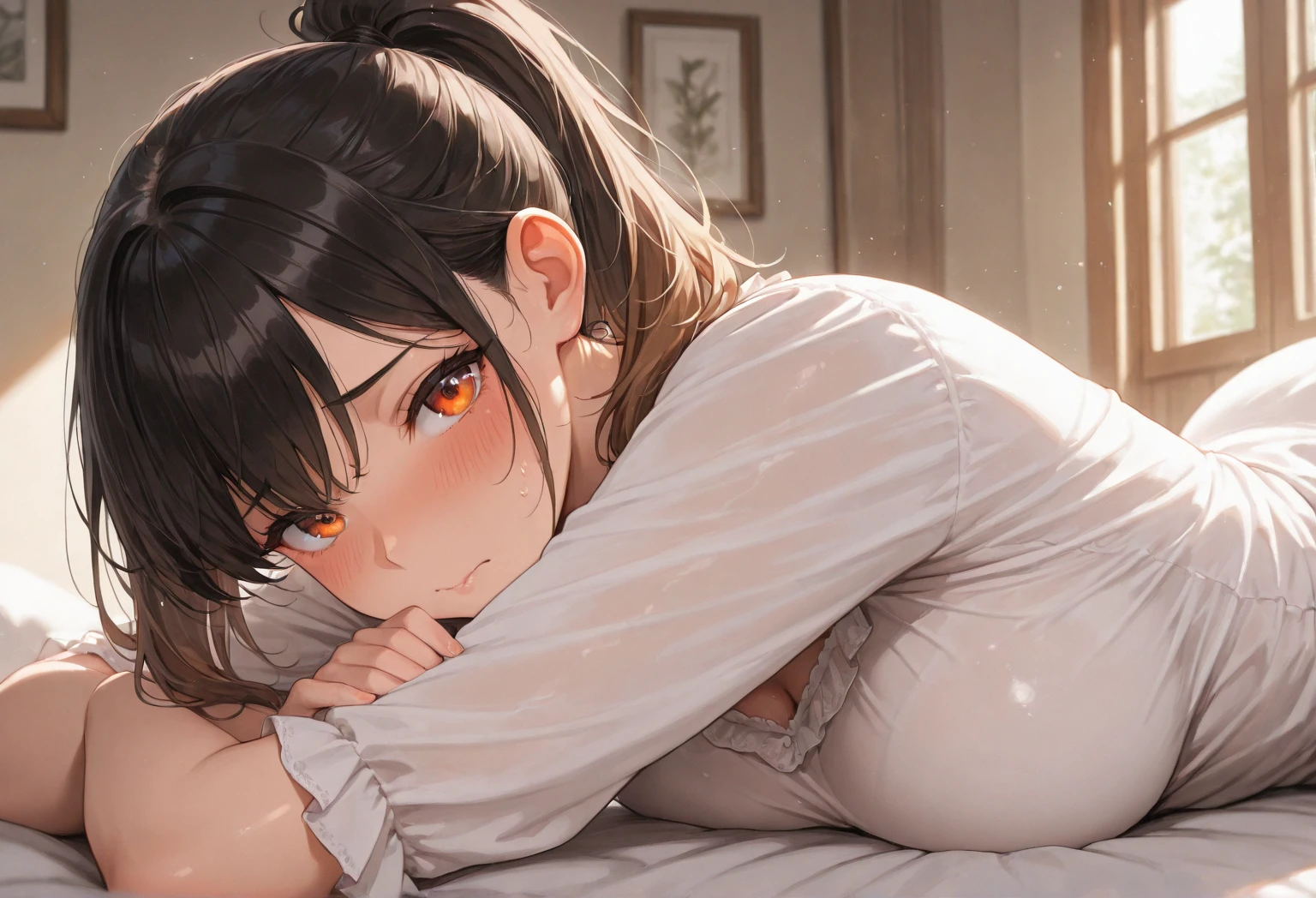 best god quality, Ultra-detailed, perfect Anatomy, (Draw a girl laying in a hotel bed), (lights are off), dark room, room is dark, 1girl, is a soft beautiful tan girl, wearing black pajama shorts, dark skin girl, tan line skin, (dark skin*2), (black + short wavy hair*1.2), Full limbs, complete fingers, groin, Beautiful gold eyes, yellow eyes, well-proportioned tan girl, smug eyes, dark pajama shirt, dark pajama bottoms, in a dark hotel room, High resolution, Best lighting by professional AI, hotel room, lights are off, looking at viewer, (((One girl in middle))), (((SOLO))), (they are laying down in bed) ((bed sheets over body))