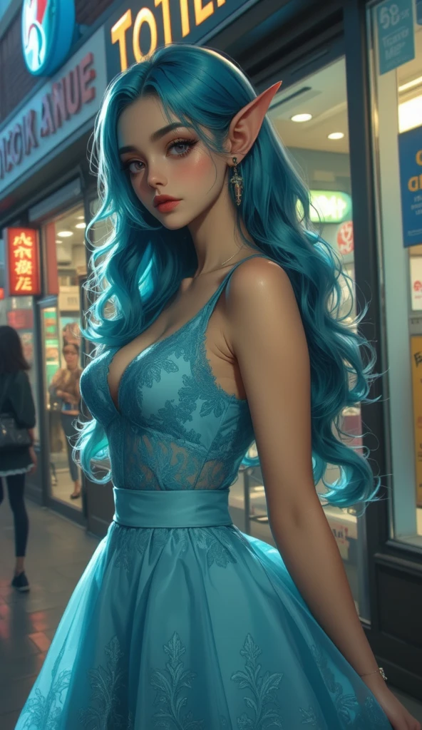 the girl with long hair and blue dress looking for a men with some girl
