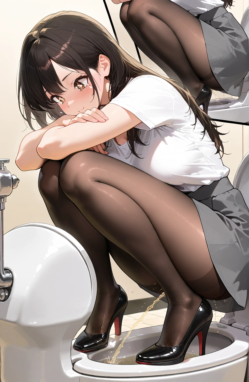 nsfw, (masterpiece, top quality, best quality, highly detailed:1.6), extremely detailed CG unity 8k wallpaper, strong facial expression, (sharp eye:1.2), (scowl:1.1), (embarrassed, blush:1.3), (steam:1.8), (wet:1.2), (sweat:1.1), (trembling:1.3), (open mouth, wavy mouth:1.4), (harf open eyes:1.5), (feeling weak:1.5), (shoot from front, looking at viewer:1.2), (leaning forward,close knees, hands between legs, pee running down legs:2), (((clutching crotch))), (dance studio:2), (woman, indoor, knee length t-shirt dress, spats, knee length black leggings:2), (long hair, brown hair, ponytail:1.5), (woman trembling with sexual climax:1.5), colorful, full body, wide shot, perfect composition, urination, incontinence, piss, peeing self, A lot of pee, pee running down legs, (((pee stream))), (pee puddle), wetting herself, pee stain, peeing, blush, trembling, embarrassed, large breasts, Yellow pee, ((leaking pee)), Shaking one's shoulders, Breaking a sweat on forehead, puddle of pee, Pee at your feet, Pee spread on the floor, Pee stains, Dripping pee between my legs, Feet wet from pee, Pee-covered feet, Pee at your feet, want to pee, about to pee, Full bladder, Pee-soaked spats, Pee-soaked shoes, natural makeup,