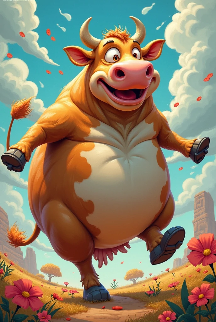 (cute, fat, obese, anthro, male, bull cub), shortstack, nude, flaccid penis, hands above head, running, rain, puddles, splash, village street, scenery, ambient lighting, highly detailed, intricate details, best quality, masterpiece, detailxl
