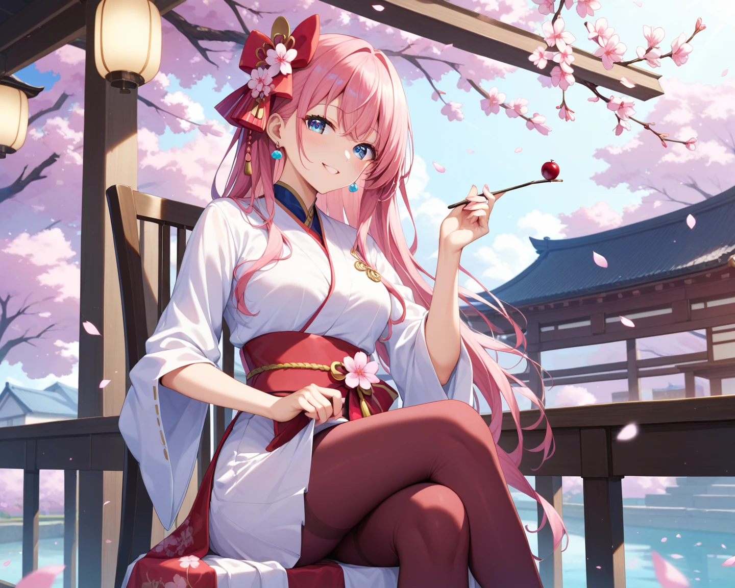 (masterpiece, best quality:1.4), (extremely detailed CG unity 8k wallpaper, ultra detailed clothes:1.4), (illustration:1.2), ((awesome detailed)), (hyper detailed background:1.4), (dynamic angle:1.3), (__angle1__:1.3), (Visual impact:1.4), (depth of field:1.4), (hyper detailed hair, hyper detailed face:1.3), (hyper detailed eyes:1.3), intense shadow, (detailed light), (cool beauty:1.4), (kawaii:1.2), (girl:1.3), ((solo)), (heavy makeup:1.4), (very wide shot:1.5), (scenic view:1.5), (overlooking panorama view:1.5),  
BREAK
(light pink hair:1.6), medium hair, (sidelocks), (blunt bangs:1.5),  (side messy bun hair:1.5), (gorgeous and large red flower hair ornament:1.5), (purplish red kimono:1.5), (Too gorgeous purplish red Chinese-style kimono:1.4), (peppermint green eyes:1.6), (very wide Japanese pants with gorgeous Japanese Pattern:1.6), (Japanese traditional long {coat|Vest} with Golden embroidered:1.5), (many floral embroidery:1.6), (many Gorgeous floral pattern), 002,
BREAK
(very colorful:1.4), (Complex embroidery:1.4), (beautiful {1-2$$__sakura__}, __oiran__, lots of sakura petals, outdoor:1.5), (tsurime:1.4), (__pose__:1.3), (disheveled clothes:1.4), (disheveled hair:1.2), (Gorgeous Japanese style earrings:1.4), (small Breast:1.3), ({1-4$$ and $$lens flare|aerial perspective|bloom effect|the dazzling light}:1.3), (__face__:1.3), shiny hair, [ultra detailed skin],