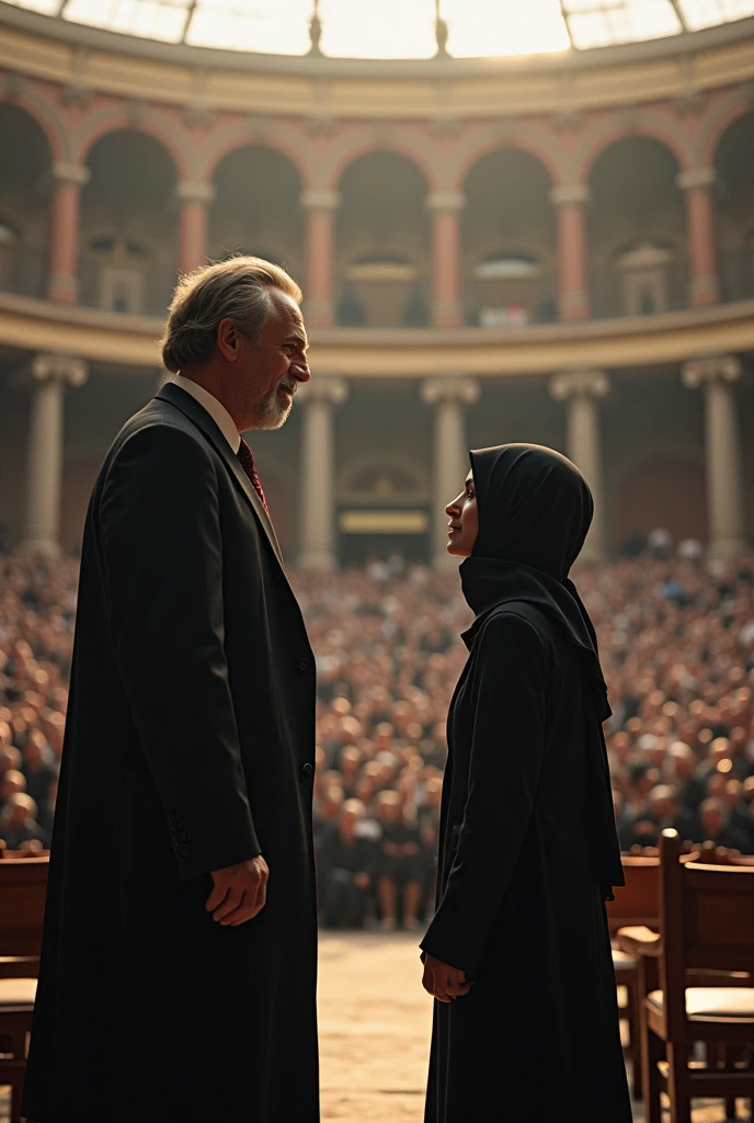 School Muslim female teacher and school male guard talking each other in front of school