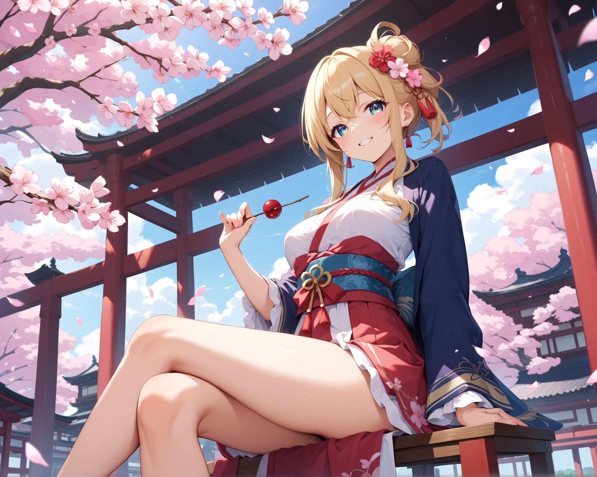 (Masterpiece, Top quality: 1.5), from side ,  dynamic pose, 1 beautiful girl, solo, blond hair,  (kimono :1.3), off shoulder, medium hair, wave hair, (junior high school student:1.2), cleavage, medium breasts, standard weight, (blush:1.2), smile, Beautiful scene of cherry blossom trees, magnificent panorama view, SakuraFubuki