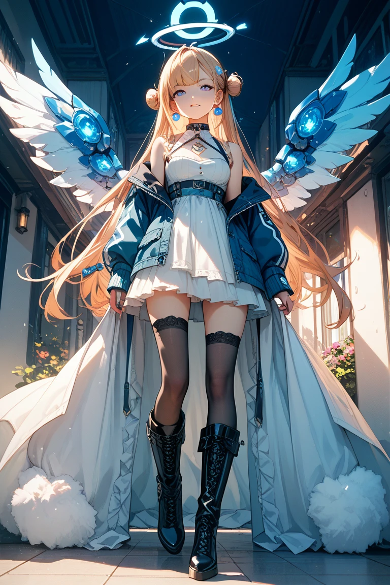 (blonde hair, long hair, sidelocks), (eyes with a mix of yellow and blue irises:1.5), two-tone eyes, multicolored eyes gradient eyes, white and blue jacket with constellation prints, (best quality,4k,8k,highres,masterpiece:1.2), ultra-detailed, portraits, (HDR:1.1), (vivid colors:1.1), (studio lighting), (bokeh), (highly saturated colors), (soft lighting), (detailed background), (subtle shadows), (ethereal glow), (pastel color palette), (delicate details), (sublime beauty), (feminine charm), (crisp focus), (fine brushwork), (impeccable craftsmanship), (emotional depth), (captivating storytelling), (intriguing narrative), (impressive realism), (exceptional artistry), (masterpiece-worthy), (awe-inspiring), blonde hair, very long hair, sidelocks, (eyes with a mix of yellow and blue irises:1.5), (two-tone eyes:1.5), (multicolored irises:1.5), multicolored eyes (gradient eyes:1.5), white and blue jacket with constellation prints, metallic skirt, (smug:1.5), (smirk), naughty face, mischievous, futuristic clothing, science fiction setting, high-tech, glowing eyes, (unicursal hexagram-shaped irises), (full body:1.5), (plasma wings:1.5), (chains:1.5), (holographic halo:1.5), (unicursal hexagram halo:1.5)