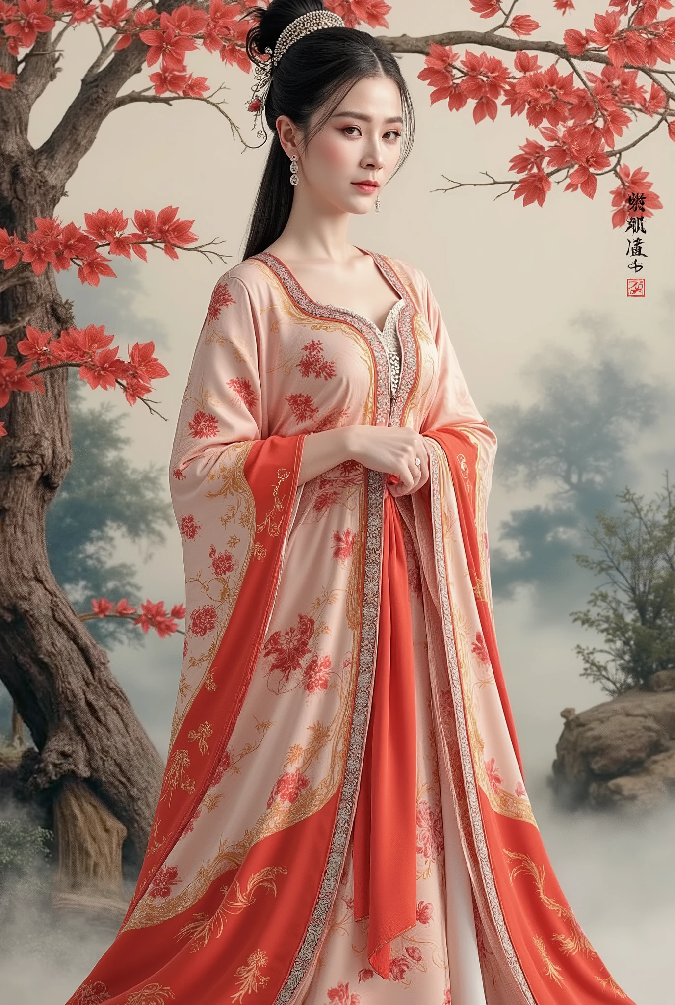(Photorealistic), (masterpiece), Chinese brush painting, breathtaking ancient woman, (priest dress), elegant full body pose, (frontal view), highlighted intricate details, vibrant ink strokes, harmonious color palette, showcasing grace and beauty, winning award quality, (symmetric face), (symmetric body), ultra-detailed, 8K resolution, capturing cultural essence in exquisite artistry, serene and enchanting ambiance.