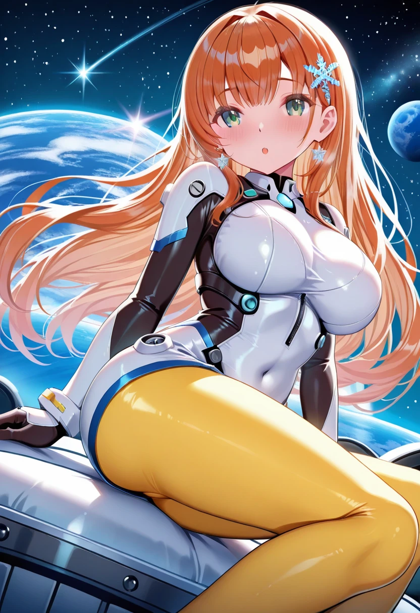 (masterpiece, Best quality), beautiful female astronaut with blue eyes and blonde hair dressed in a futuristic latex space suit, sexuality, big breasts, stockings, Metallic, WHITE, brilliant, bare legs, HD, dim lighting in the spaceship, many displays and instruments are the main light source in the scene., displays of orange and blue light, glowing orange light of the sun outside the spaceship dominates the scene, cinematic lighting in hair, hair light, wind in hair,