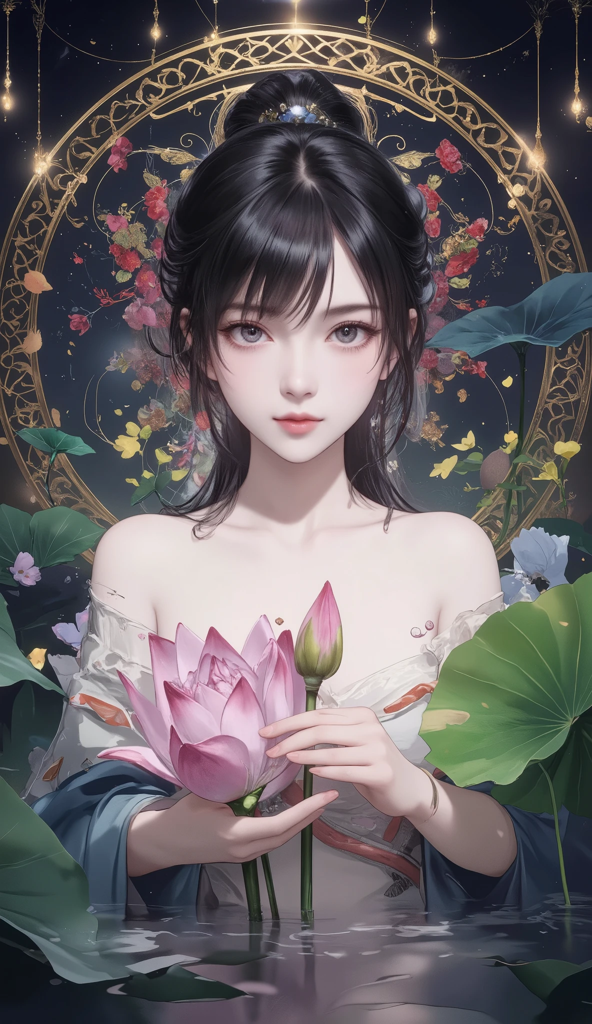 masterpiece, Best Quality, ultra resolution, perfect anatomy, a girl, Detailed Faces, Holding a big lotus flower with both hands、Pure Paradise at the top、natural law according to the Fibonacci sequence、light particles Fauvism fantastic, dramatic, dynamic, absurd, metaphysics
