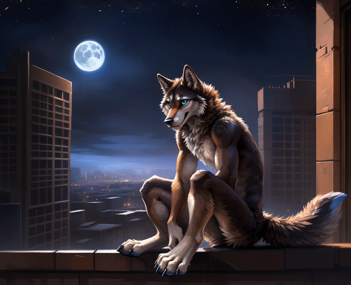 ((Solo)), male people, anthro wolf, (Multi-colored fur, White-brown:1.3), ((Wolf face, Big eyes, White eyelids, Blue pupil, Slim:1.2) (Tough, Calm expression:1.2)), (Height 2.1 meters,Tail length 1.5m), Abs, Slim, pinging, (Correct anatomy), (Contour bone:1.2), The upper body is naked, (detailed outfits), a long large tail,Feet,(Realistic fur, Detailed fur texture, labeled:1.3)), (Natural lighting), Photorealistic, Hyperrealistic, ultradetailed, by Kenket,In the modern city,Roof,the night,Sit alone,Look at the full moon,It was dark,Starry