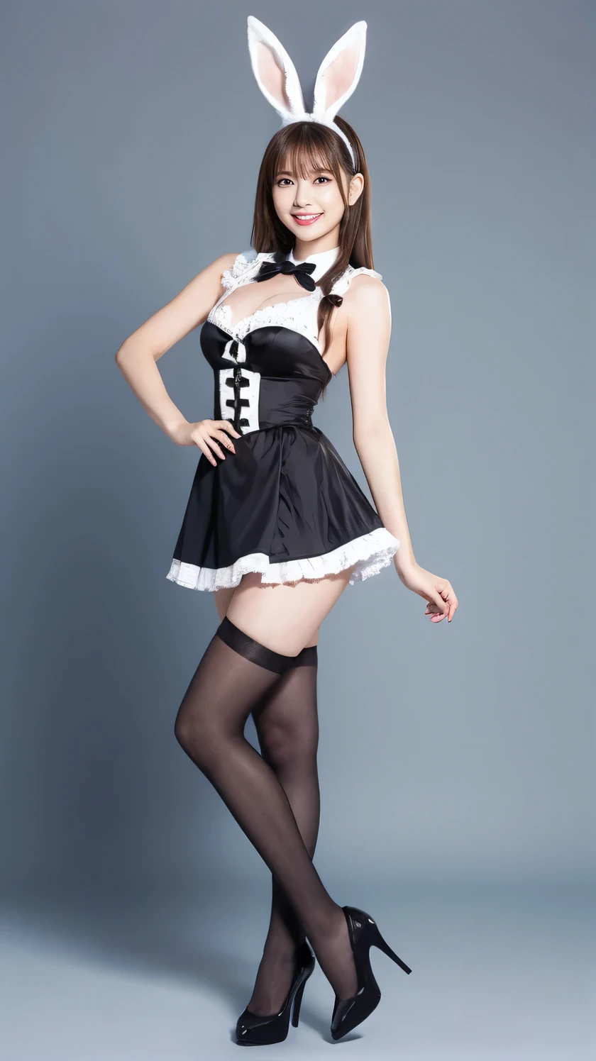 Bunny girl in a colorful maid outfit:1.5,Wearing black tights:1.5,The best smile:1.5,Full Body Shot:1.5,Gray background:1.5,Wearing black high heels:1.5,squat:1.5