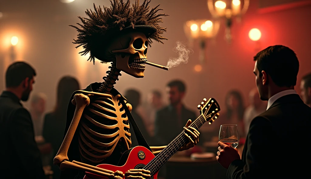 a daschund dog, in a tavern, music playing in the back ground. a bottle of tequila in the shot, day of the dead