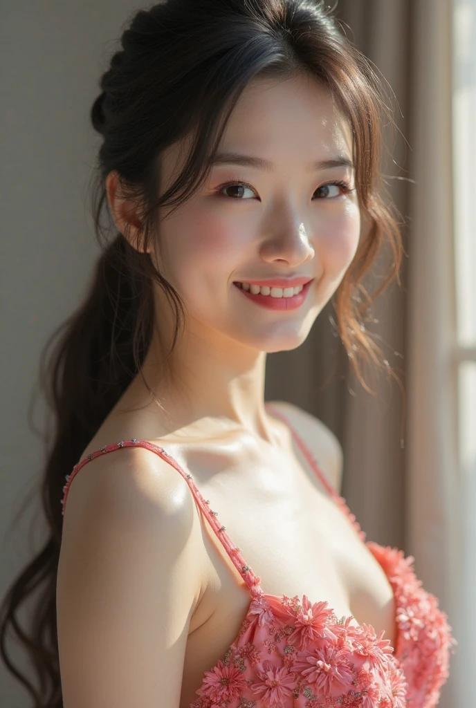 masterpiece, Best Quality, Illustration, Ultra-detailed, finely detailed, high resolution, 8K Wallpaper, Perfect dynamic composition, Beautiful detailed eyes, Natural Lip, Red knitted dress, Big breasts, cleavage, Random sexy poses、A big smile、Ponytail hair
