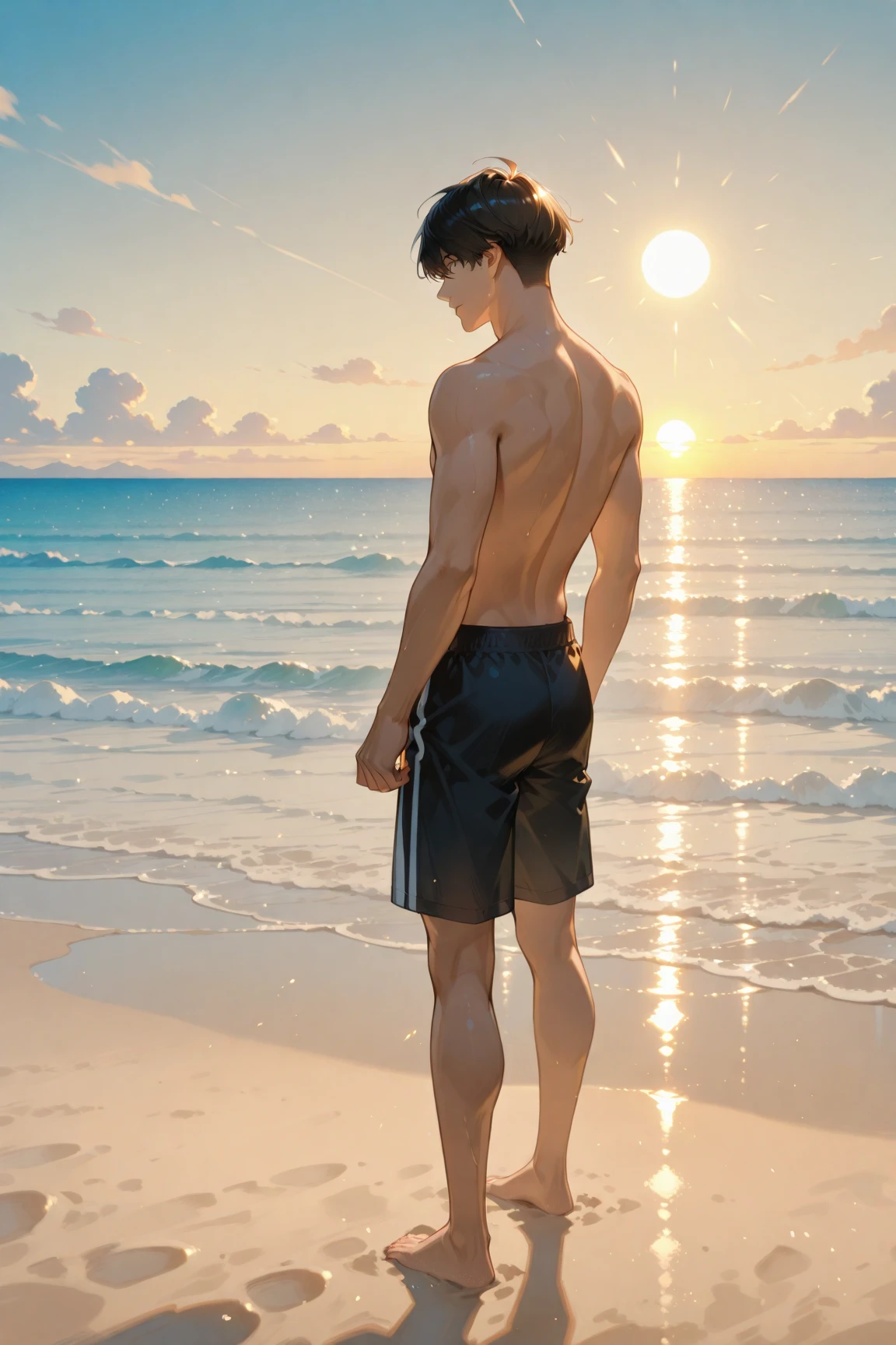 1 boy, white transparent shorts,chest muscle, tmasterpiece, Best quality at best, realisticlying, ultra - detailed, (shiny skins, perspired:1.4), absurderes, looking at viewert, with short black hair, with brown eye,slenderness,Dynamic light and shadow,A high resolution,Sharp focus,depth of fields,The eyes are delicate,Sharp pupils,pupil realistic,(smallunderboob:1.6),(Thigh thick:1.0),exteriors,Skysky