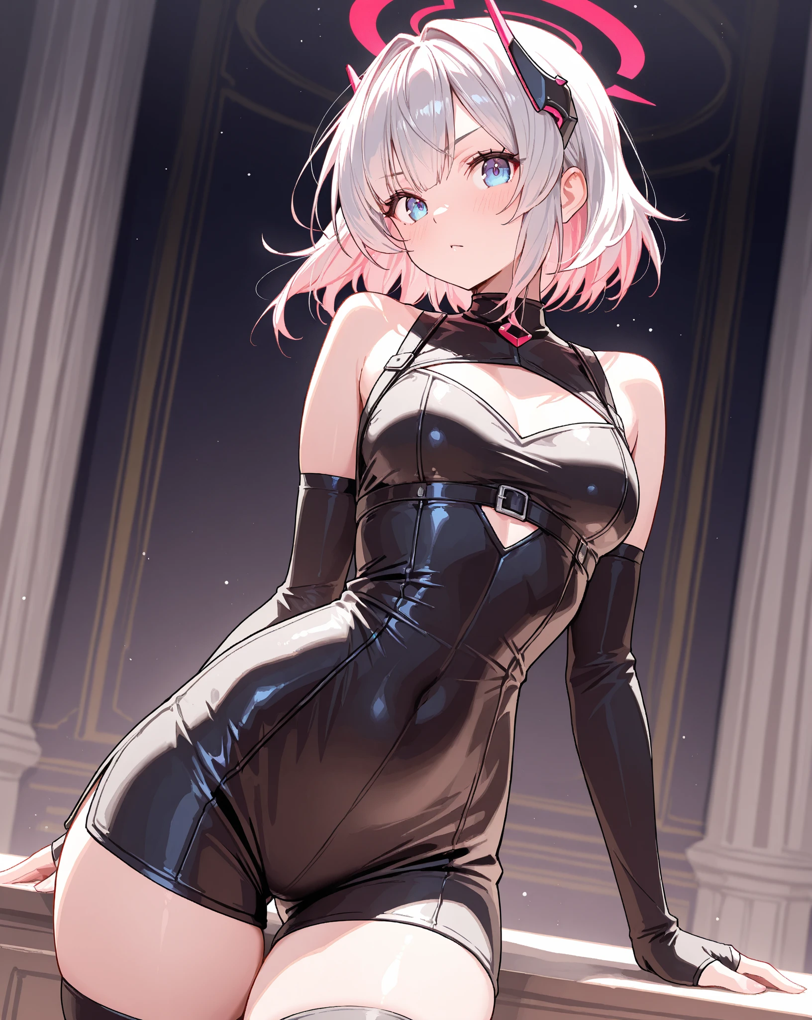 ((Masterpiece)), ((best quality)), (from side), ((wide shot)), (super detail:1.2), (High Definition:1.3), ((extremely detailed)), (8K), (Professional Photography:1.2), (very aesthetic:1.2), (absurdres:1.2), perfect anatomy, intricate details, (sharp focus), (perfect light), (drop shadow), ((1girl)), (()), ((cute )), (platinum-gold hair), (loose blunt bangs), (medium hair), (confused look), ((Triangle Mouth)), (put on bunny ears), ((wearing Playboy_bunny)), (Bunny suit in luxury velvet fabric), Small chest, cute hips, BREAK, ((kneeling while bending at the waist)), sunrise, (Beautiful pale purple eyes), (cute cheeks), glossy lips, pouty lips, bags under the eyes, (lower eyelashes), ((in The Great Hall of the haunted house)), (detailed background:1.2), spooky atmosphere, newest,clear line,