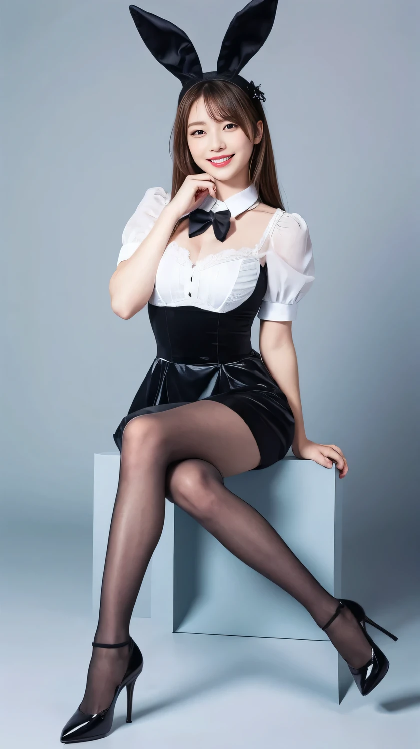 Bunny girl working at maid cafe:1.5,The best smile:1.5,Full Body Shot:1.5,Gray background:1.5,Wearing black high heels:1.5,salute:1.5,Leaning forward to accentuate cleavage:1.5