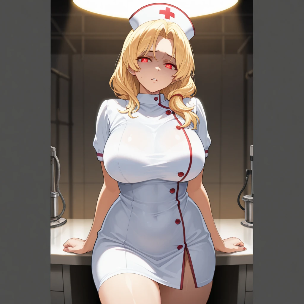 tmasterpiece， Best quality at best， finely detailled， A high resolution， Extremely refined and beautiful， nsfw,1womanl，slenderlegs， looking at viewert， face to the viewer， Golden hair， white backgrounid， 独奏，（full bodyesbian：2），A mother，Big breasts wife，Nurse's uniform，Bedrooms，Complicated details，Intricate patterns，