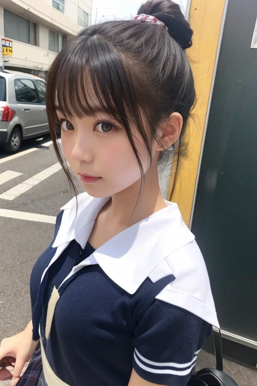 ((Best of the highest quality, 8k, Masterpiece, raw photo: 1.2)), Sharp focus: 1.2, (1 AESPA, slim body type female, 21 y/o: 1.1), (Solo: 1.28), (realistic, photo-realistic:1.37), face focus, cute face, finely eyes, (droopy eyes: 1.32), (Emphasize prominent aegyo-sal with bright: 1.2), shimmering eyeshadow applied under the lower lash line, paired with thick, voluminous mascara, (small breasts, flat chest: 1.3), (short messy hair, bangs, updo: 1.28), (business shirt: 1.32), (ribbon:1.2), walking terrace dinning, sun light, flower, (arms up: 0.8)