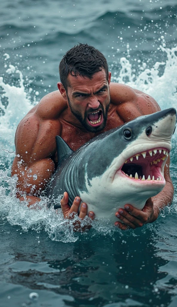 A strong person holding a shark.