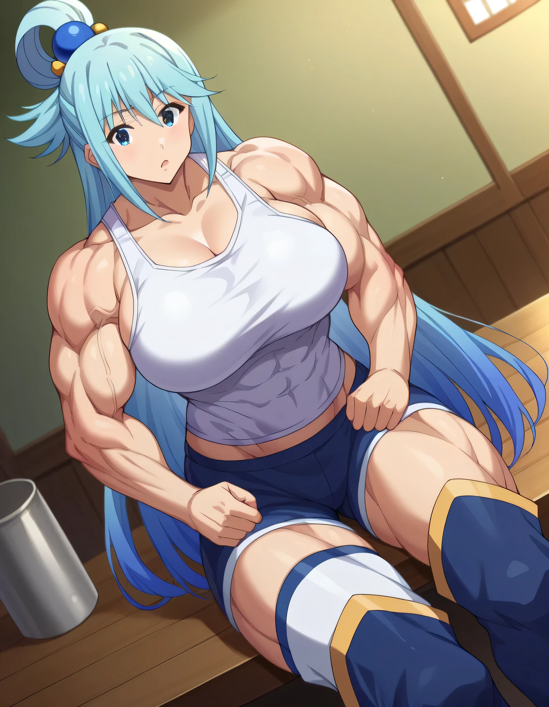 score 9 、score 8 up、score 7 up、source anime、masterpiece、of the best quality、high definition、1woman、konosubaaqua、、aqua \(konosuba\)、Blue Hair、very long hair、blue eyes、hair ornament、single hair ring、hair bobbles、(Pure white tank top:1.5)、collarbone、deltoids、anterior deltoids、middle deltoids、posterior deltoids、biceps、biceps longhead、biceps shorthead、triceps、triceps medialhead、triceps lateralhead、triceps longhead、brachioradialis 、covered thigh muscles、skin tight tank top、plain tank top、Big Breasts、very large breasts、 Huge Muscles、Strong muscles、(muscular female:1.5)、white thighhighs、blue knee boots、Bare shoulders、Bare Arms、blue miniskirt from above poat、cowboy shot、looking at viewer、dutch angle、