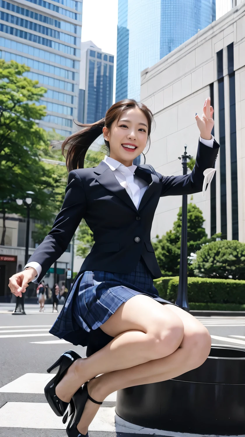 of the best quality、masterpiece、ultra high definition、(realistic:1.4)、downtown Tokyo、female、ライオンから逃げるfemale、(((Jumping and spinning )))、grins、beautiful female、suit、skirt、handbag、High Heels
