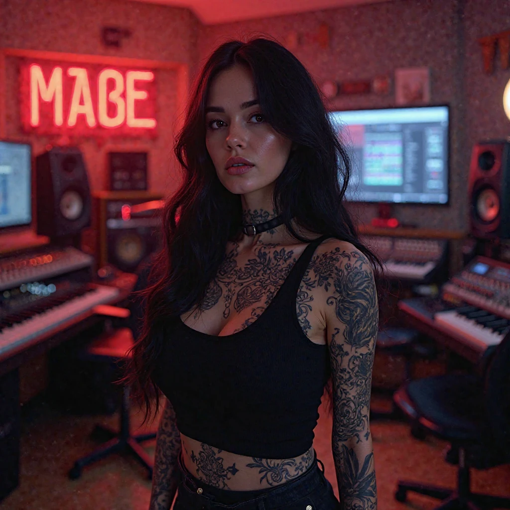 18 year old naked girl , Many tattoos , colored tattoos, tattooed face , ash gray hair , in a room decorated with neon and posters of music groups