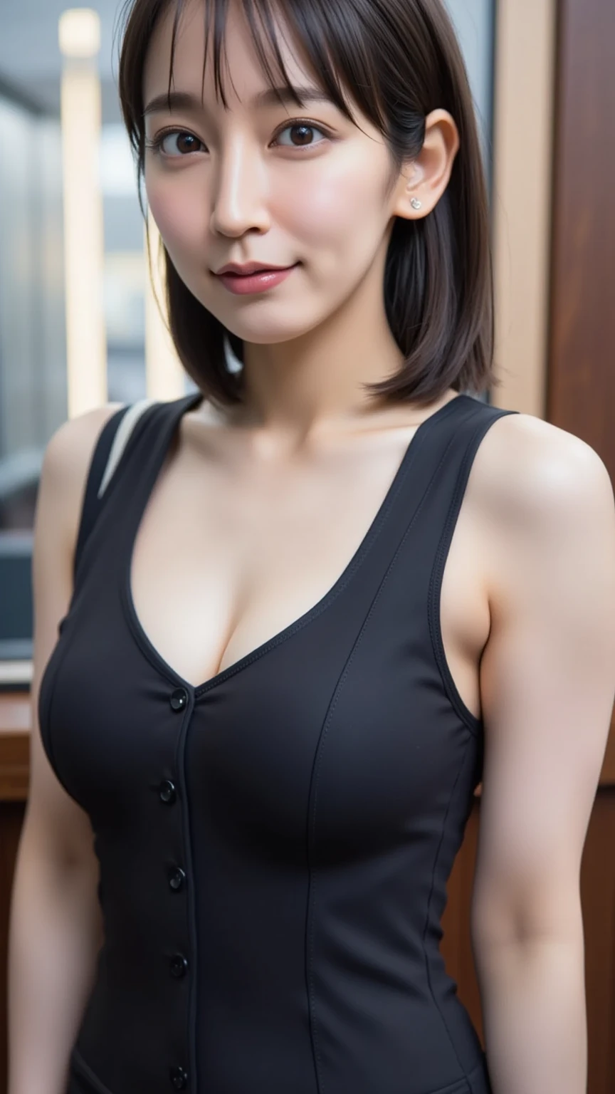 ulzzang -6500-v1.1、(Raw photo:1.2)、(Photorealsitic)、Beautiful details、(Real: 1.4)、Very detailedな目と顔、Beautiful detailsな目、Standing in the office、(Sleeveless high neck sweater、flare skirt:1.2)、(超Realパンスト、High heels)、Cross-legged、Large file sizes、High resolution、Very detailed、highest quality、[masterpiece:1.6]、An illustration、Very detailed、nffsw、Fine details、highest quality、8k wallpaper、Cinema Lighting、One mature woman、43 years old、Perfect figure、Cute droopy eyes beautiful big eyes、Peace Finger、((Mastepiece))、highest quality、One mature woman、eye shadow、Portrait、( (FULL BODYSHOT:1.4))、(A very kind smile:1.2)、