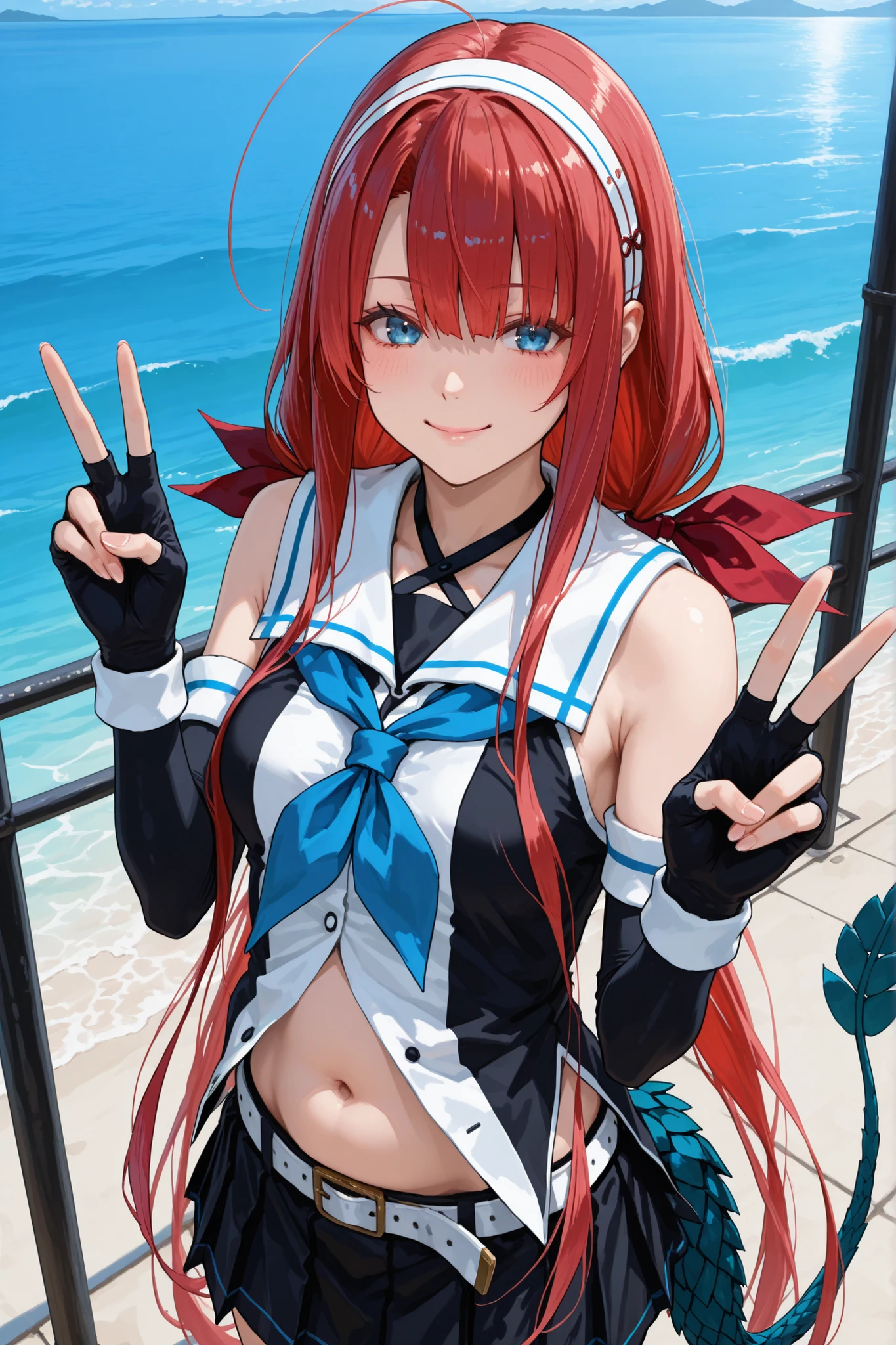 Kawakaze - Kantai Collection
score_9, score_8_up, score_7_up, source_anime, rating_safe, intricate details, 1 girl, Kawakaze, long hair, red hair, blue eyes, stupid hair, rose tail, very long hair, white hairband, red_hair_ribbon, black and white sleeveless shirt, Fingerless Gloves, Black Elbow Gloves, White Belt, blue neckerchief, stomach, belly button, black skirt, cowboy shot, look at people watching, outdoor, smile, peace sign, From the above, Across the Ocean, five fingers