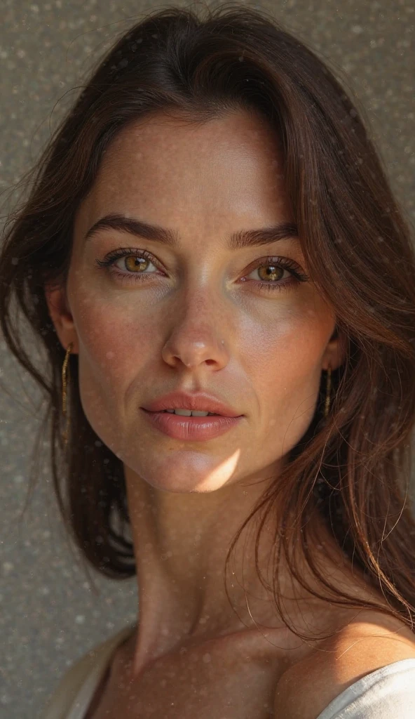 (one-1-person:1.2), beautiful French lady, brunette, no smile, dark makeup, hyperdetailed photography, soft light, head and shoulders portrait, cover, natural skin tone, skin detail, facing head full towards camera, looking direct at camera, soulful gaze, head shot, head position straight