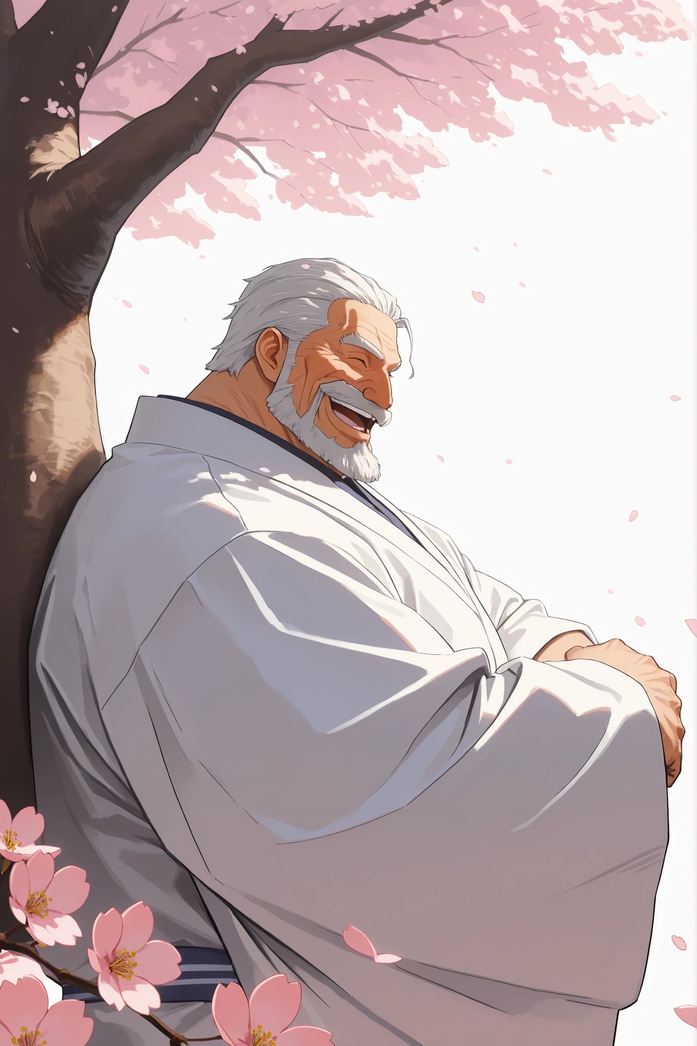 solo, old man, grandpa, garp, huge muscular man wearing kimono, standing looking cherry blossoms fall, side view, huge tree in backgrond, beard, mustache, old, in under Cherry Blossom tree, Cherry Blossom flower, (foreground cherry blossoms fall), smile, happy, windy, open eyes, detailed eyes, eyes, extremely detailed muscle, short hair, white bearded), masterpiece, 8k, high detail, f/1.8, 135mm, Nikon, UHD, retina, masterpiece, curate, anatomically correct, textured skin, super detail, high details, high quality, best quality, highres, 1080P, HD, 4K, 8k