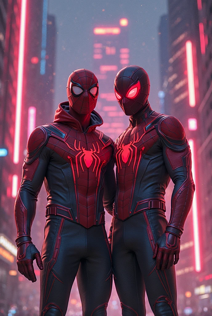 spider man cyberpunk - spider - man and spider - man in a dark room, spider - verse art style, into the spiderverse, spiderverse, into the spider verse, futuristic style spiderman, miles morales!!!, 3840 x 2160, 3840x2160, miles morales, hq 4k wallpaper, rendered in sfm, super detailed render
