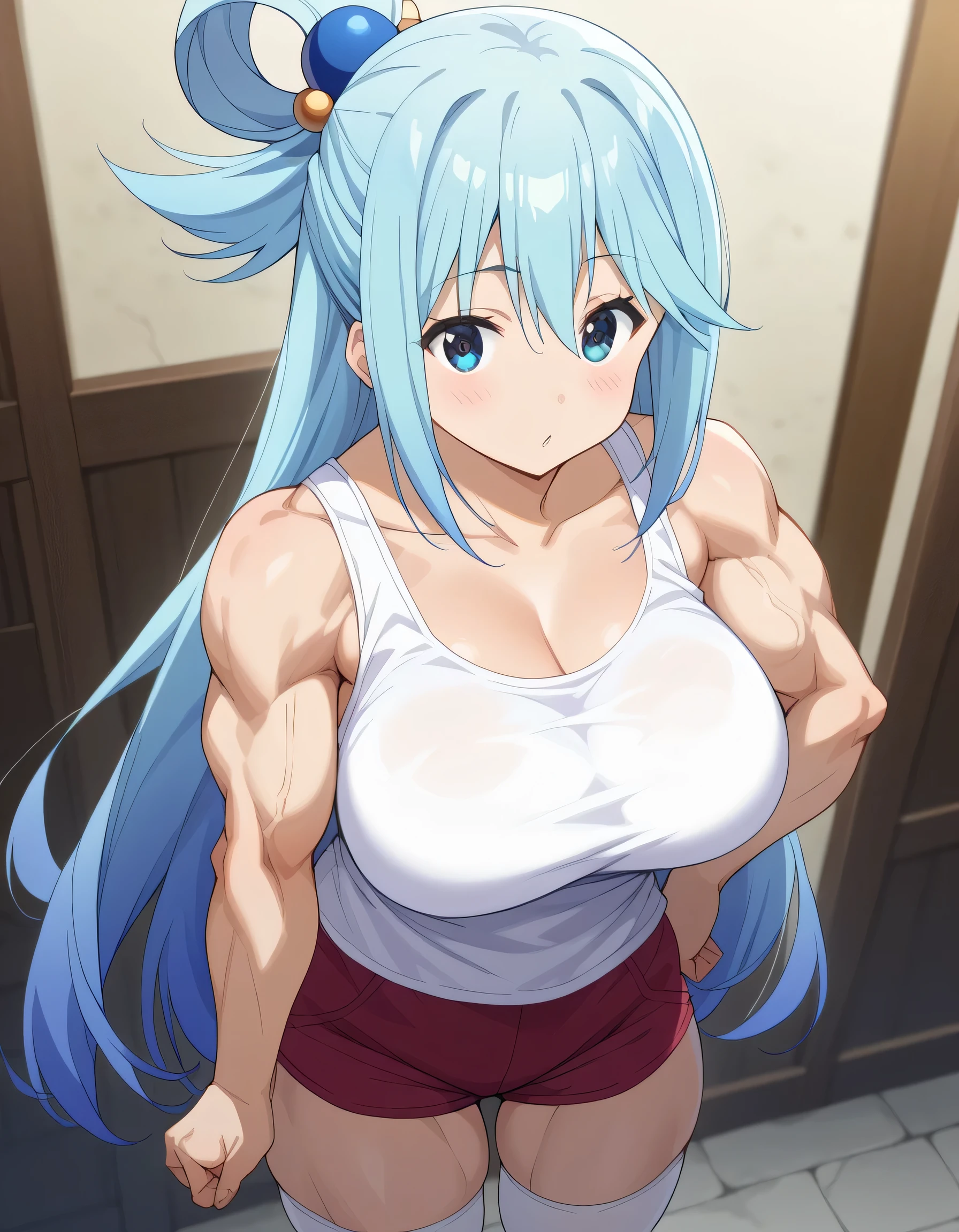 score 9 、score 8 up、score 7 up、source anime、masterpiece、of the best quality、high definition、1woman、konosubaaqua、、aqua \(konosuba\)、Blue Hair、very long hair、blue eyes、hair ornament、single hair ring、hair bobbles、(Pure white tank top:1.5)、collarbone、deltoids、anterior deltoids、middle deltoids、posterior deltoids、biceps、biceps longhead、biceps shorthead、triceps、triceps medialhead、triceps lateralhead、triceps longhead、brachioradialis 、covered thigh muscles、skin tight tank top、plain tank top、Big Breasts、very large breasts、 Huge Muscles、Strong muscles、chunky muscle 、(muscular female:1.5)、white thighhighs、blue knee boots、Bare shoulders、Bare Arms、blue miniskirt from above poat、cowboy shot、looking at viewer、dutch angle、