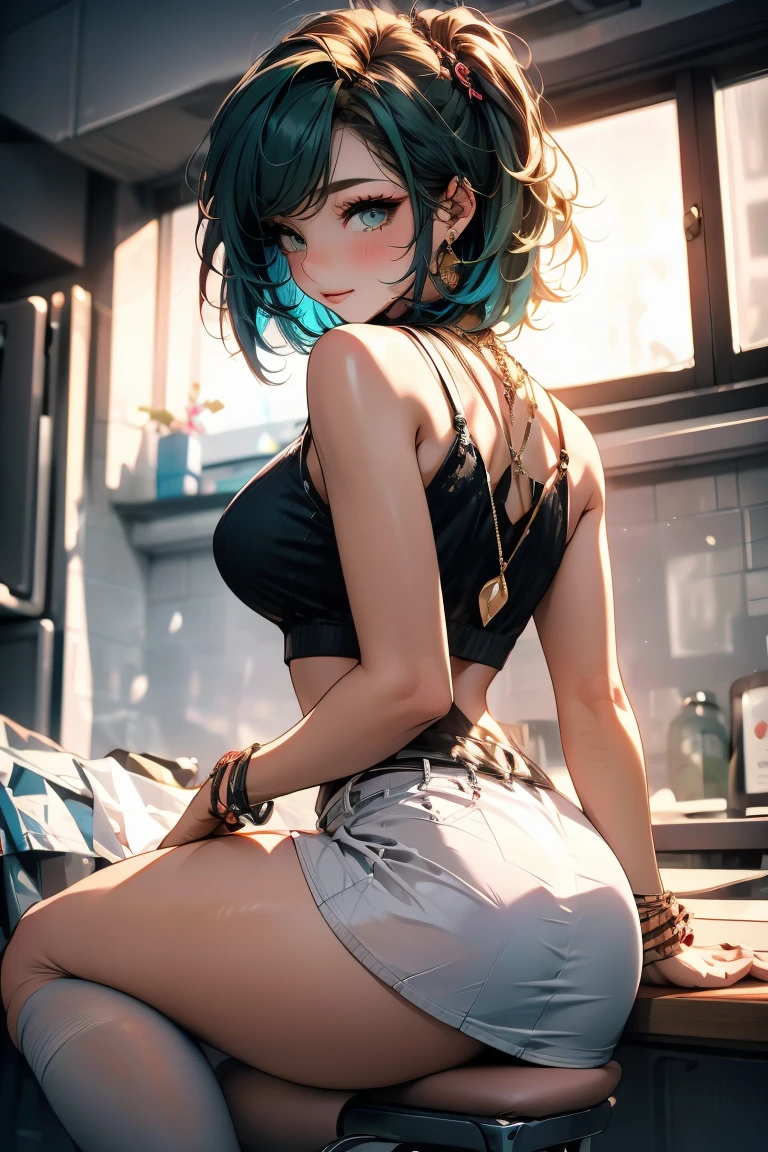 The photo was taken in a white background, with a decora pattern. The girl on focus, she is with her back facing the camera. She has blue eyes.
Her breasts are huge, She wears a thight tank top, and jogging pants, revealing her curves. The outfit is very tight, showing her large breasts, and her shouldes are bare. Her hair is blonde and short, with colored streaks, or blonde multicolored hair.
The lighting in the photo is impressive. The girl is illuminated from the back. The rest of the photo is in dim light, with a very complicated background. This creates a sense of mystery and intrigue. The general mood of the photo is sensual and alluring. The girl is the center of attention of the photo, And its beauty is undeniable. The beautiful setting and dramatic lighting create a sense of danger and excitement.
This photograph is a perfect example of professional cinematic photography. It is well lit, well-proportioned, And the theme is absolutely amazing. It is sure to attract the attention of anyone, Who will see it. You could put a ornaments in her hair. Whatever, As a result, the photo will be composed?, It is sure to be a stunning and memorable image.