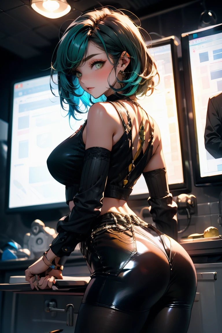 ((Best quality, 8K, Masterpiece: 1.3, 1girl, Beautiful girl)), cute, Dynamism, Detailed face, Detailed skin, detailed clothes, Detailed eyes, Detailed lips, Detailed tongue, Detailed fingers, Detailed mouth, Photorealistic, Raw photo, highres, Natural lighting, dynamic pose, perfect anatomy, toned legs, double eyelids, tear bags, round eyes, moist lips, sweaty, (cyberpunk city, cyberpunk girl), cyberpunk background, cyberpunk clothes, mechanical clothes, jewelry, accessories, hair accessories, green hair, rainbow hair, thighhighs, half closed eyes, steam:1.5, sheer, wet clothes, pixie cut, grin, short pants, close up ass, from below, all fours, looking at viewer