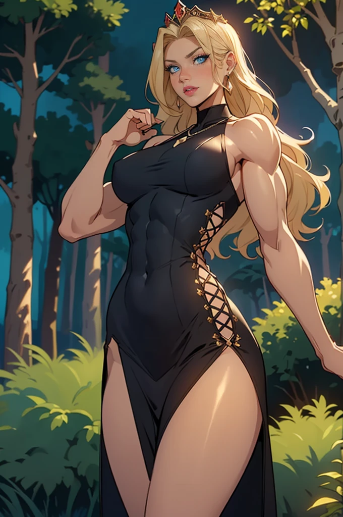 Muscle girl, dark-skinned woman, big chest, wings, happy,, coat jacket, pants, portrait, 1character, full body, walking, long dress, medieval, village, farm, angel halo, forest,flipflops,blond hair