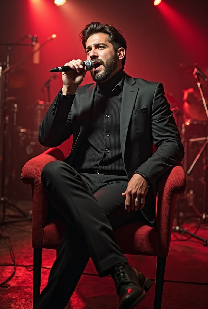 un chanteur entrain de convulser allongée dans sa loge moderne car c’est une loge derrière une scène pour un concert sur un canapé, une fillette à côté de lui qui est très magnifique et une manager assise sur une chaise qui est soucieuse, il faut que 2 femmes soit au tour de lui et un cadre un peu plus professionnel la loge doit être dans des tons modernes