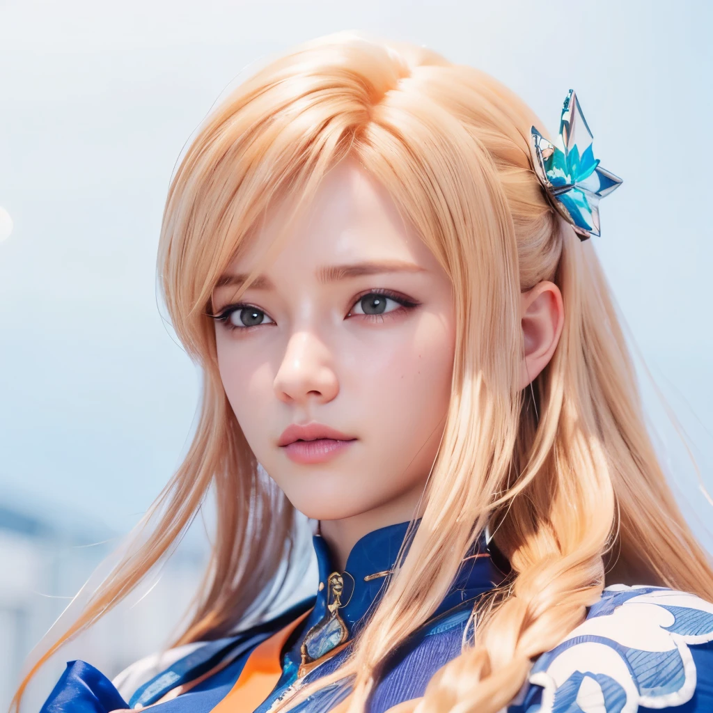 best quality, ultra high res, (photorealistic1.4), blue dress, 1girl, solo, (orange long hair:1.3), japanese face, sweat, 3d realistic game, ray tracing, ((puffy eyes)), ((closeup)),