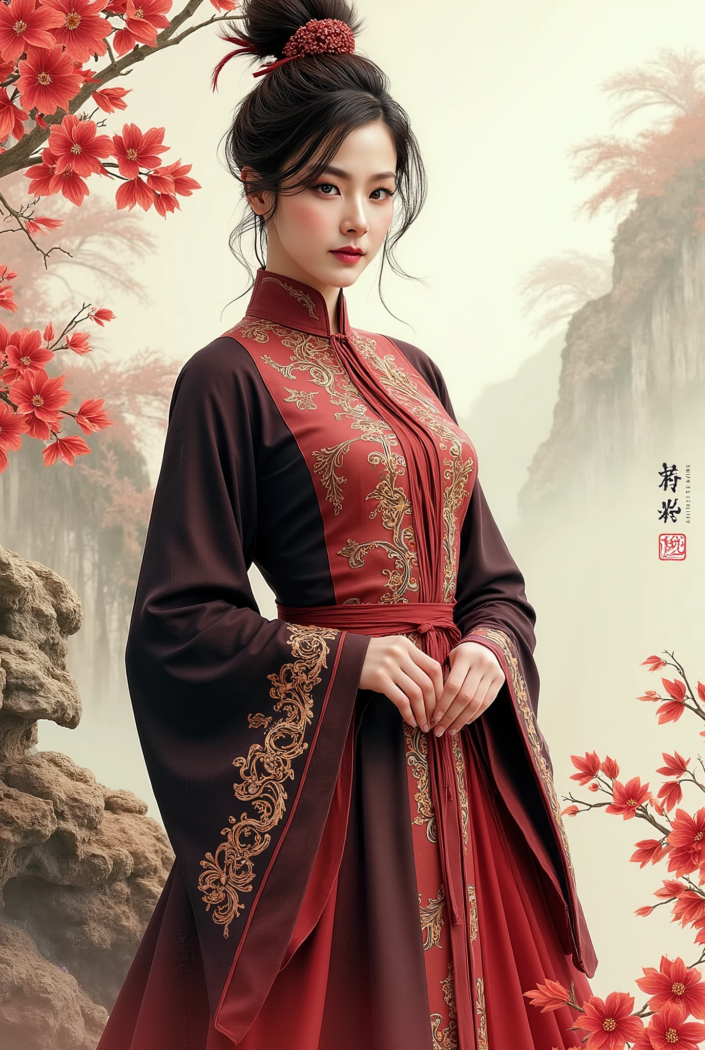 (Photorealistic), (masterpiece), Chinese brush painting, breathtaking ancient woman, (priest dress), elegant full body pose, (frontal view), highlighted intricate details, vibrant ink strokes, harmonious color palette, showcasing grace and beauty, winning award quality, (symmetric face), (symmetric body), ultra-detailed, 8K resolution, capturing cultural essence in exquisite artistry, serene and enchanting ambiance.