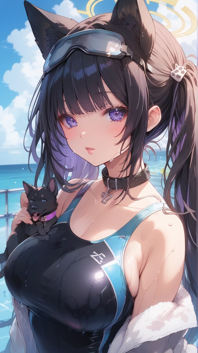 (best quarity,ultra detailed,ultra-high-resolution, absolutely resolution,8k, masterpiece),anime,(pale colors:1.8),long shot, 1girl, solo, cat mouth, hands up, Sitting on the edge of the waves,beach, wariza, from behind, blue hair, bobcut, straight hair, racoon ears, racoon tail, (brown streaked hair:1.3), (blunt bangs) ,thick eyebrows, big breast, off shoulder bikini, after sunset, fullbody,