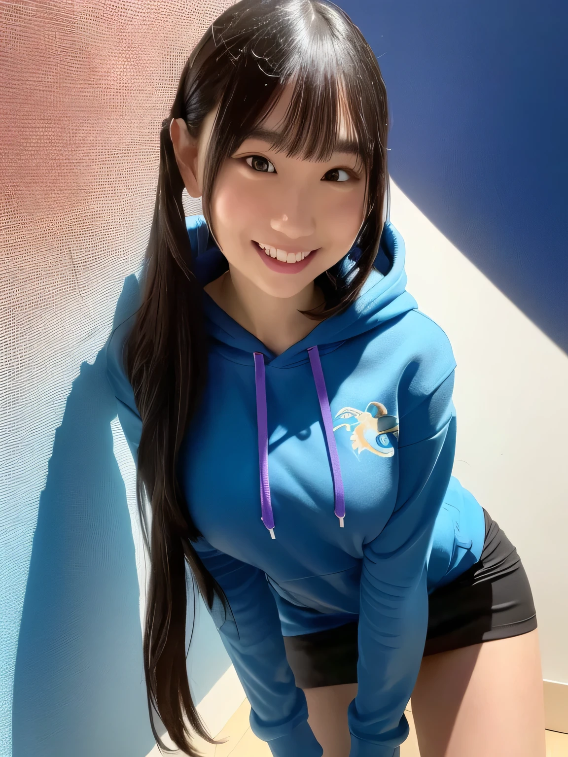 (((best image quality、highest resolution、greatest masterpiece、8k)))、(((Detailed Faces)))(((cute face)))(((Baby Face)))(((Young contour)))((( Lovely facial features)))、((( Blizzard 10 )))(((model body type)))((( Perfect pose line)))、(((Big Breasts 1.0)))((( Detailed Body .5)))、(((long straight hair)))、(((Portrait of a Girl Wearing a Hoodie)))、(((Fluffy Cotton Hoodie 2.0)))、(((Blue Dragon Hoodie)))((( miniskirt 1.5)))((Dynamic Posing 2.0))((cute smile))