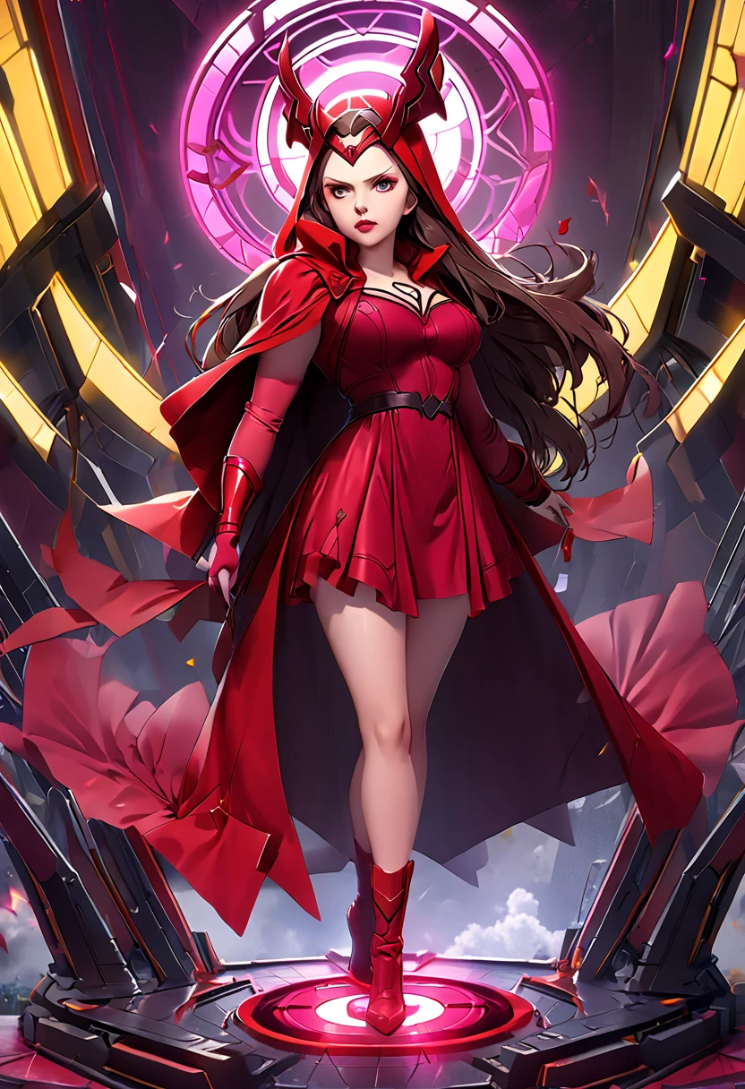 pin up style scarlet witch character. mountains in the background
