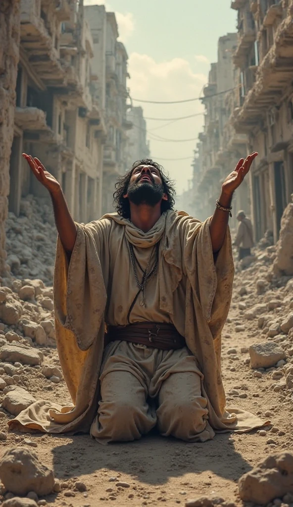 A tragic scene of devastation, where the house of Jó’s children has collapsed under a mighty windstorm. Rubble and debris lie scattered, and amidst it, the lifeless bodies of Jó’s sons and daughters. Jó, dressed in torn clothes and covered in ash, kneels in grief, raising his eyes and hands toward the sky in a gesture of mourning and submission to God.